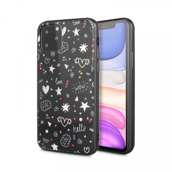 Wholesale iPhone 11 (6.1in) Design Tempered Glass Hybrid Case (Sparkly Heart)